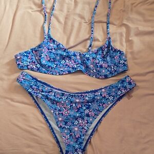 Blue and Pink Floral Bikini Set with Adjustable Straps